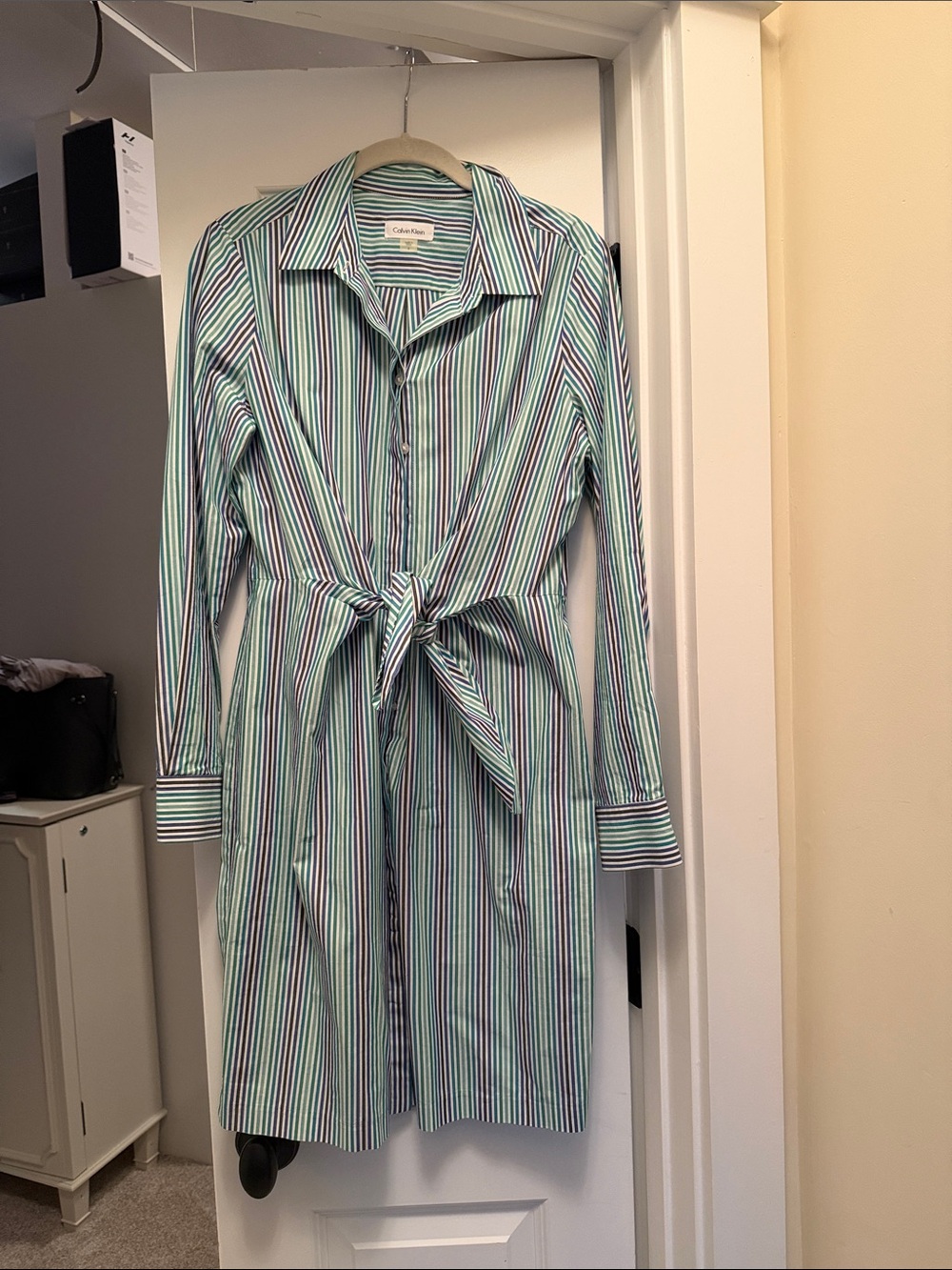 Calvin Klein Multi-Stripe Tie-Waist Long Sleeve Shirt Dress